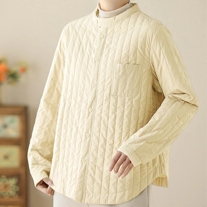 Buddha Stones Women's Stand Collar Simple Design Long Sleeve Thermal Cotton Jacket With Pocket