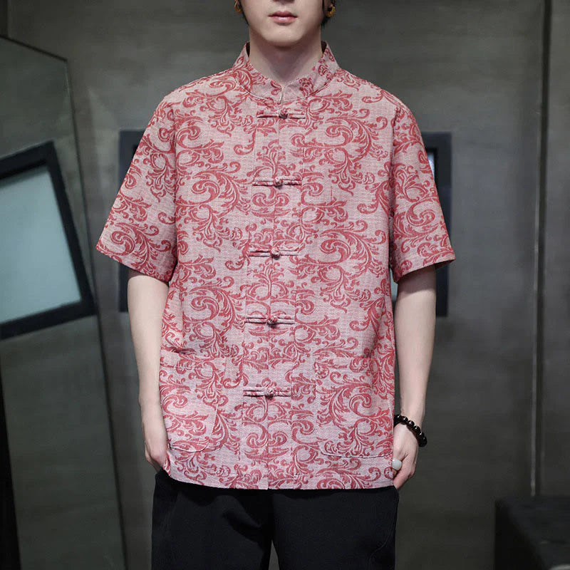 Buddha Stones Summer Floral Vine Pattern Tang Suit Men's Frog-Button Short Sleeve Shirt With Pockets