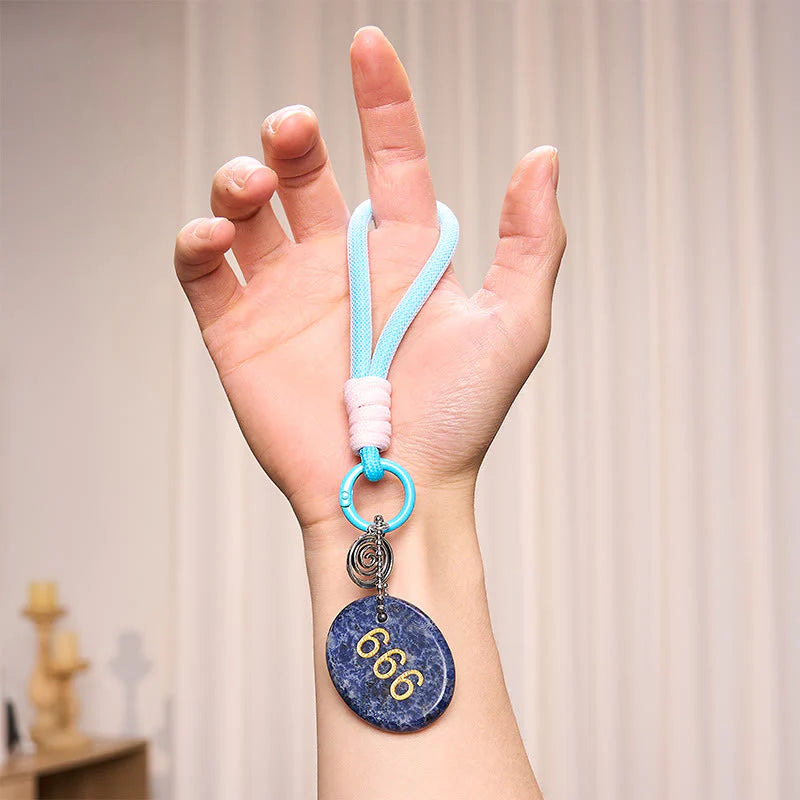 Buddha Stones Wishing Balance and Inner Peace 666 Angel Number Natural Sodalite Key Chain Hanging Decoration Includes Gift Message Card
