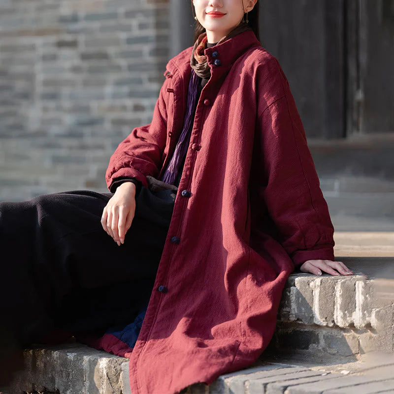 Buddha Stones Winter Solid Frog-Button Ramie Cotton Women's Long Sleeve Thermal Coat With Pockets