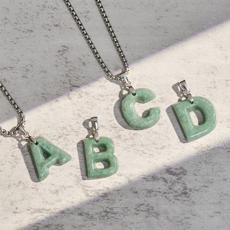 Buddha Stones Natural A-Z Letter Jade Titanium Steel Wide Chain Prosperity Necklace Pendant