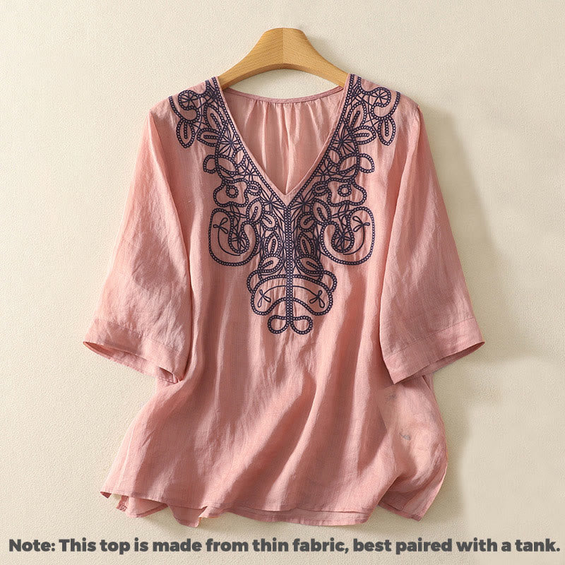 Buddha Stones Embroidered V-neck Casual Women's Cotton Linen Half Sleeve T-shirt