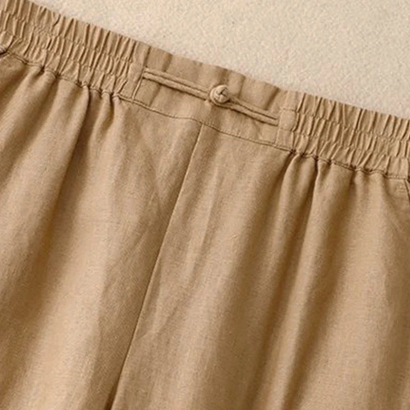 Buddha Stones Daily Solid Color Elastic Waistband Frog-Button Cotton Women's Wide Leg Pants With Pockets