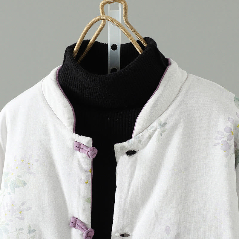 Buddha Stones Women's Printing Flower Pattern Long Sleeve Frog-buttons Cotton Jacket