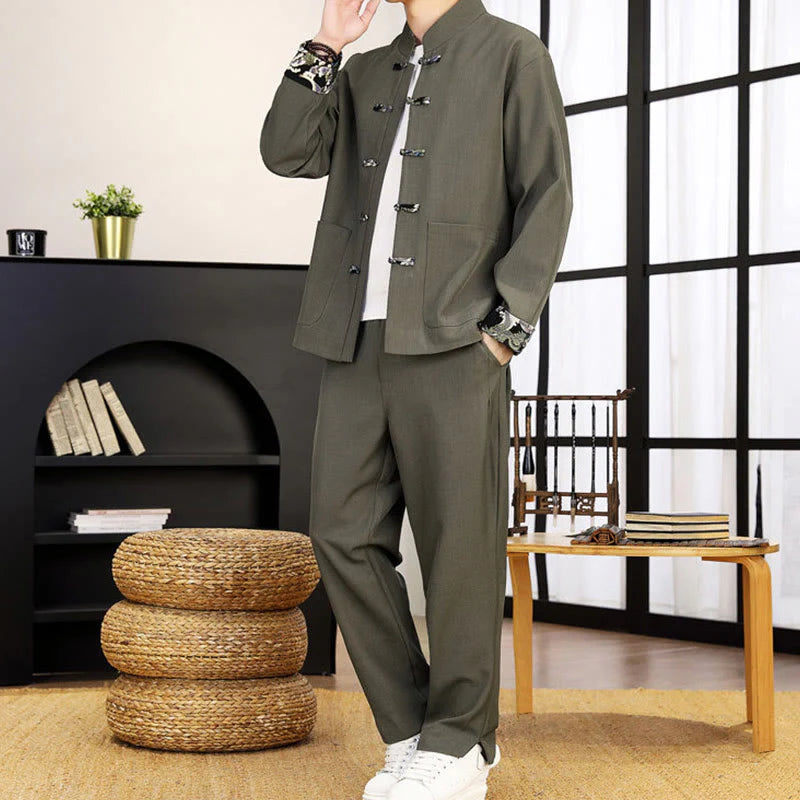 Buddha Stones 2Pcs Tang Suit Frog-Button Men's Waves Long Sleeve Shirt Pants Clothing Set