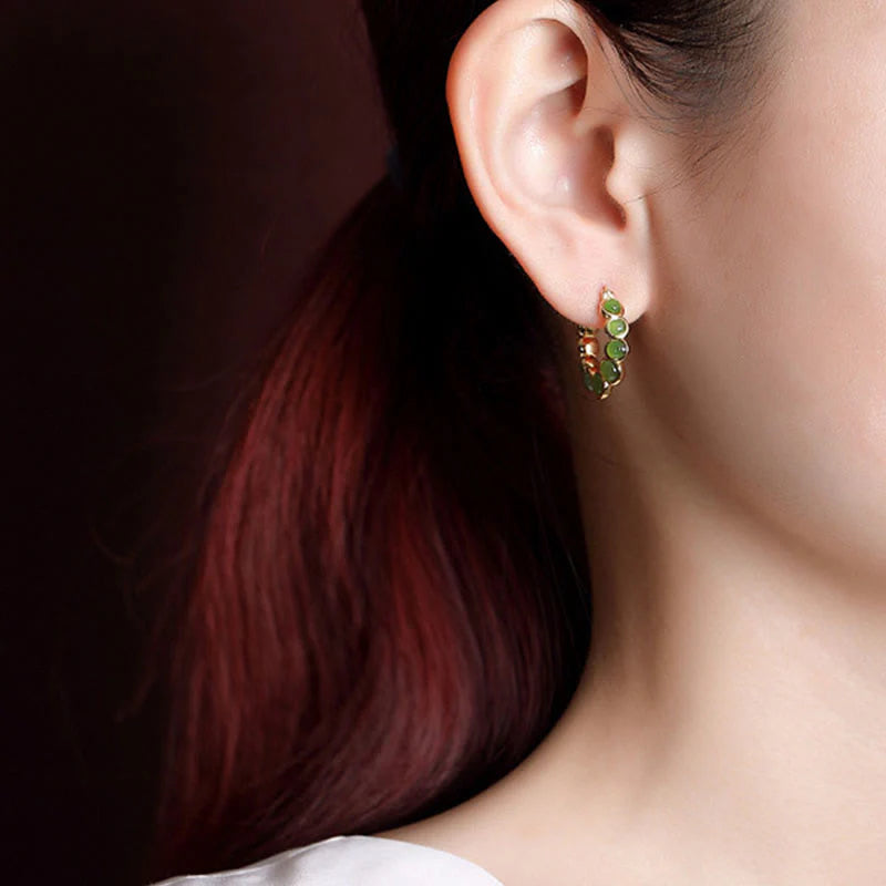 Buddha Stones 925 Sterling Silver Plated Gold Hetian Cyan Jade Pea Ear Clip Prosperity Earrings  (Extra 30% Off | USE CODE: FS30)