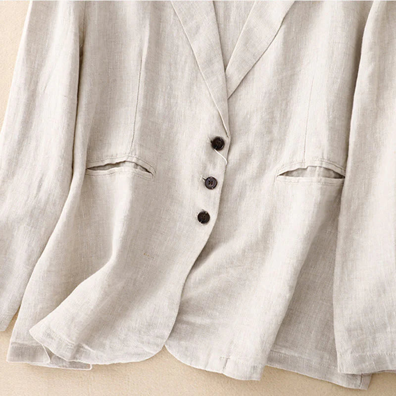 Buddha Stones Commute Retro Pure Color Lapel Cotton Linen Women's Jacket With Pockets
