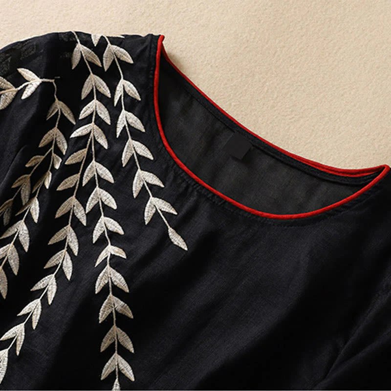 Buddha Stones Embroidery Leaves Women's Cotton Linen Half Sleeve T-shirt