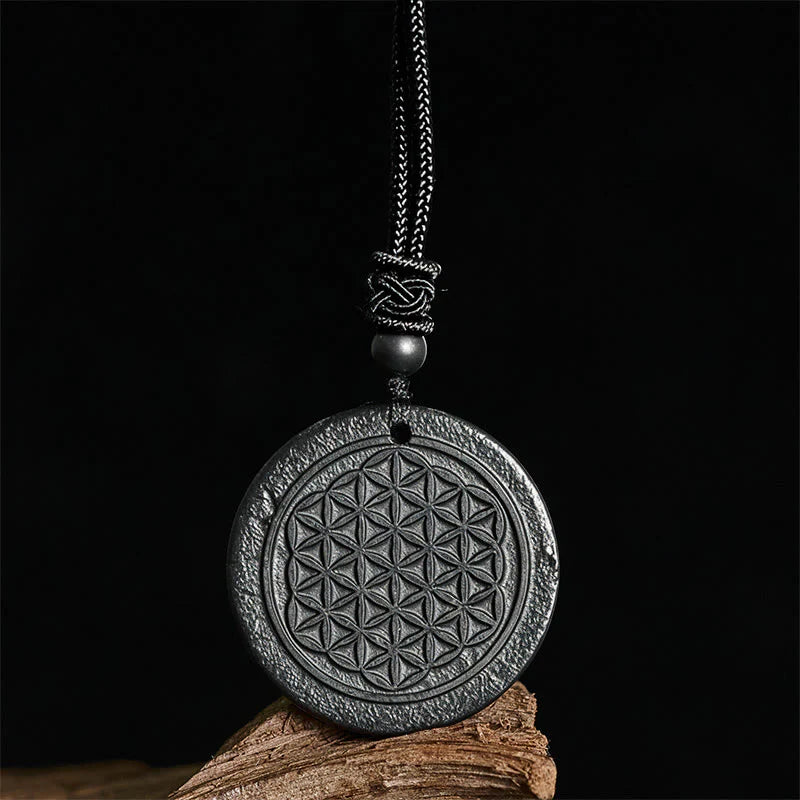 Buddha Stones Flower of Life Carving Design Authentic Shungite Stone Protection Necklace Pendant