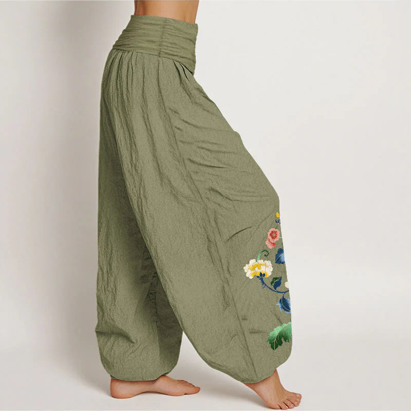 Buddha Stones Cotton Auspicious Peony Flower Butterfly Pattern Women's Elastic Waist Harem Pants