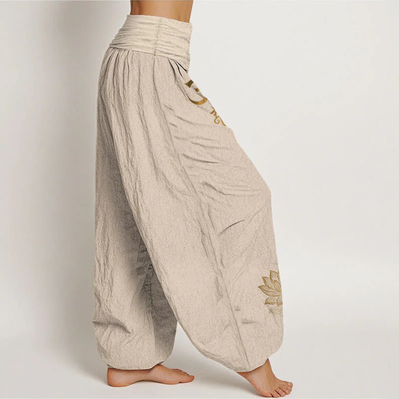 Buddha Stones Om Dhi Symbols Lotus Buddha's Hand Pattern Women's Elastic Waist Harem Cotton Pants