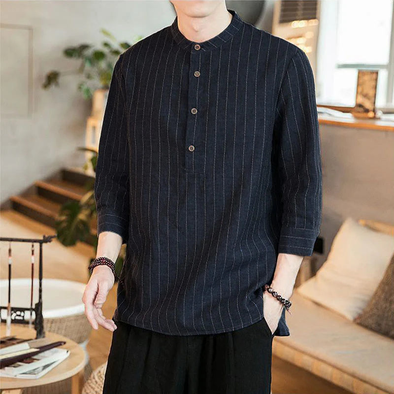 Buddha Stones Plaid Half Buttons Stand Collar Three Quarter Sleeve Cotton Men's Shirt