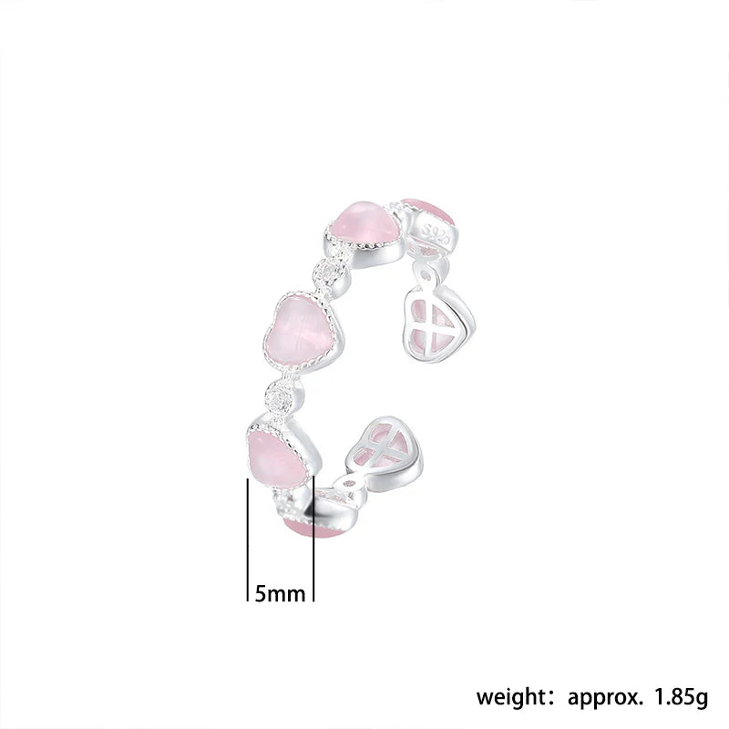 Buddha Stones 925 Sterling Silver Pink Cat's Eye Heart Design Adjustable Love Ring