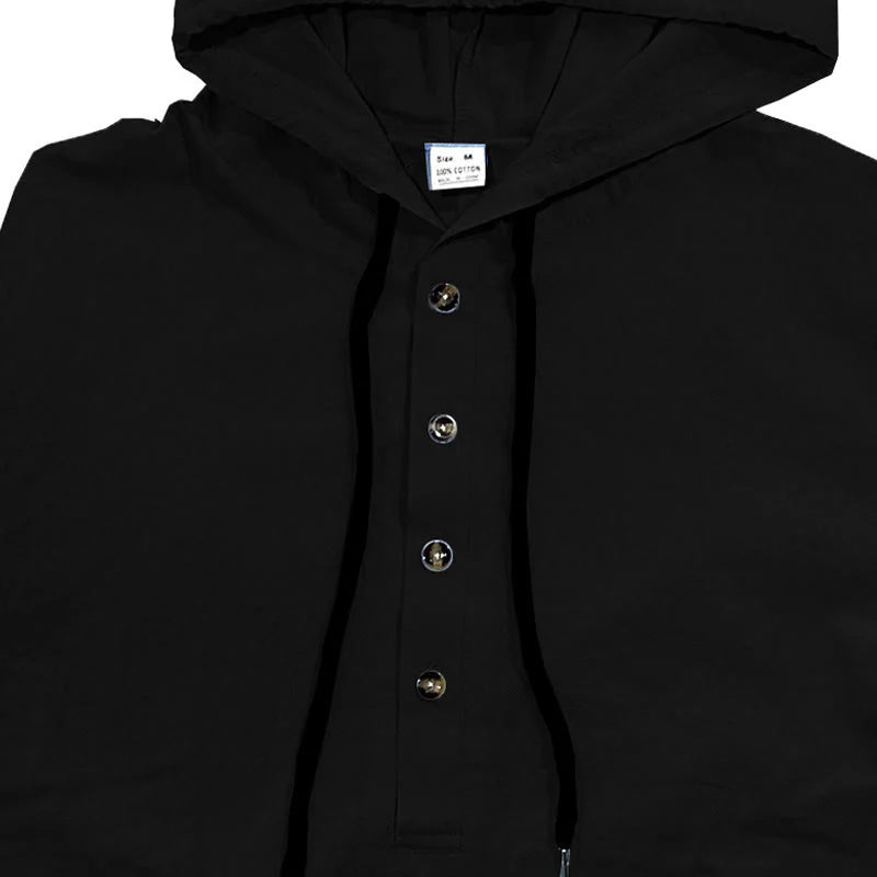 Buddha Stones Solid Color Fall Half Buttons Men's Hooded Long Sleeve Cotton Shirt