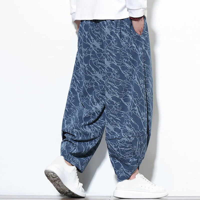 Buddha Stones Fall Textured Lines Print Cotton Elastic Waist Ankle-Length Men's Harem Pants With Pockets