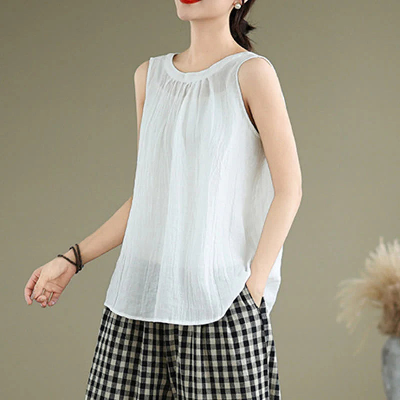 Buddha Stones Summer Wrinkles Simple Design Crew Neck Cotton Linen Women's Sleeveless Vest Waistcoat