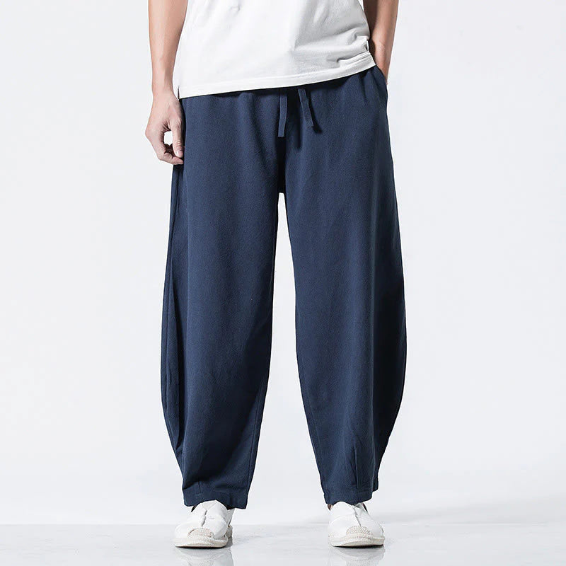 Buddha Stones Drawstring Elastic Waist Ankle-Length Men's Cotton Pants With Pockets