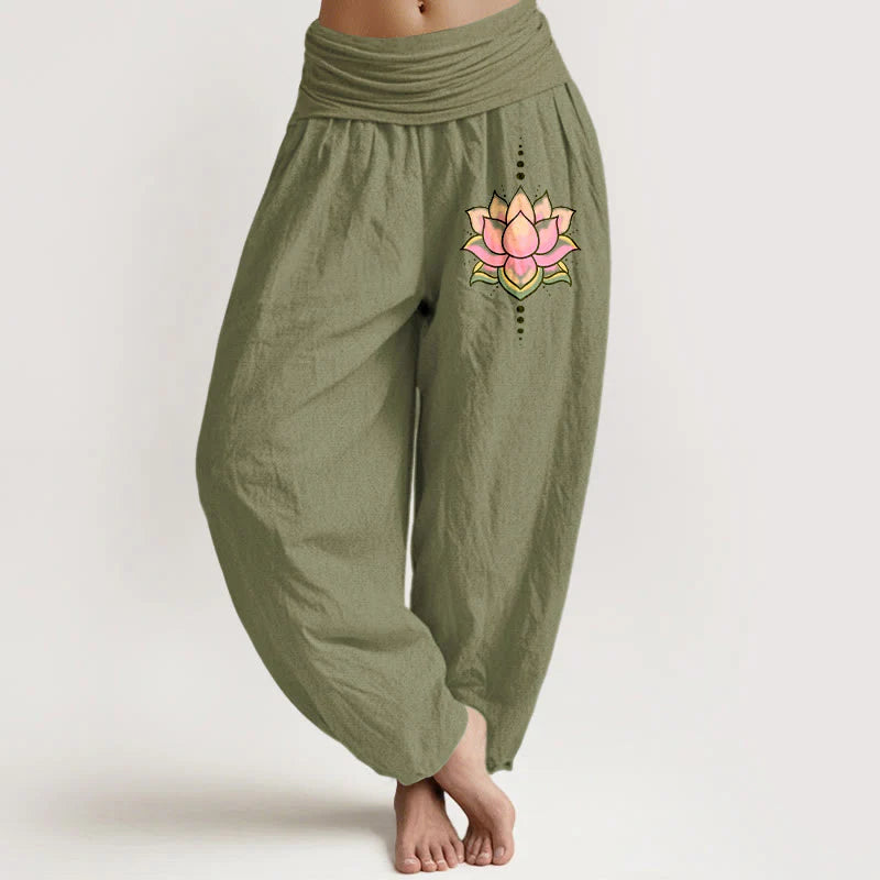 Buddha Stones Pure Cotton Pink Lotus Flower Pattern Women's Elastic Waist Harem Pants