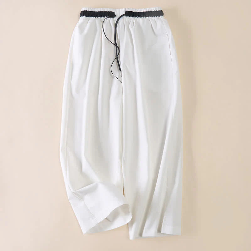 Buddha Stones Commute Drawstring Cotton Cropped Women's Wide Leg Pants With Pockets