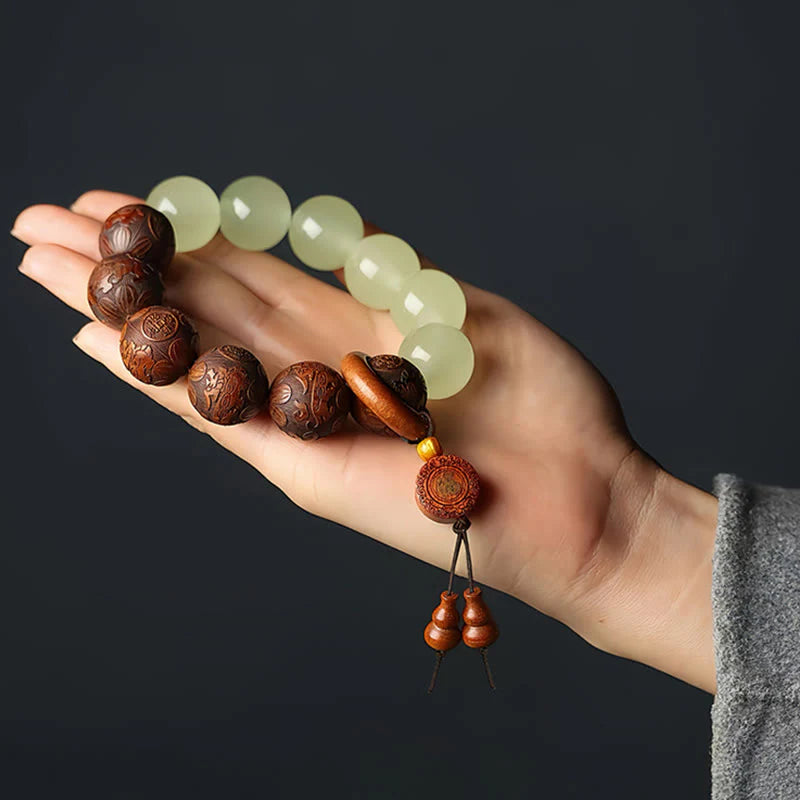Buddha Stones Sappan Wood Engraving Pixiu Fu Character Cure Bracelet