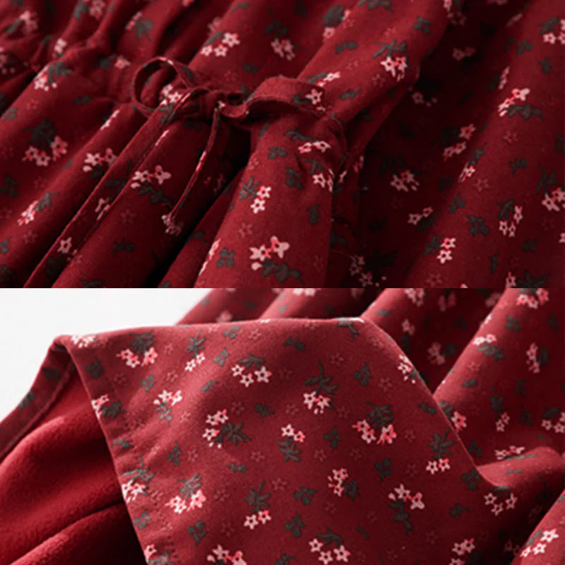 Buddha Stones Floral Pattern Lace Patchwork Design Long Sleeve Corduroy Midi Dress With Pockets