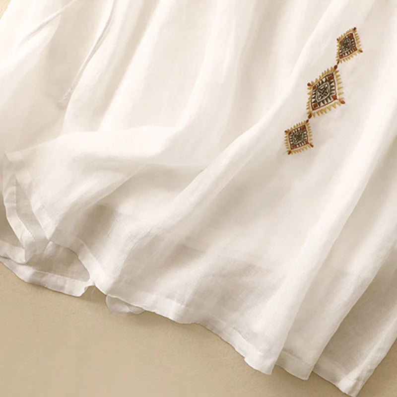 Buddha Stones Ethnic Vintage Embroidery Button Design Women's Cotton Linen 7-8 Length Skirt