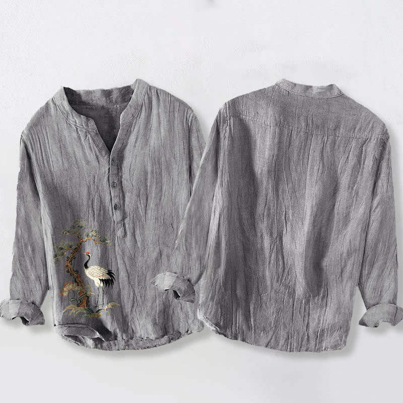 Buddha Stones Cranes Pine Tree Pattern Half Buttons Cotton Linen Men's Long Sleeve Shirt