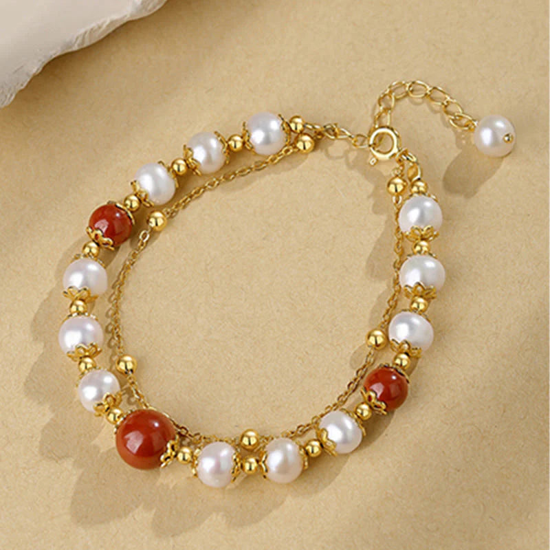 Buddha Stones 925 Sterling Silver Pearl Cinnabar Wisdom Bead Double Layer Chain Bracelet