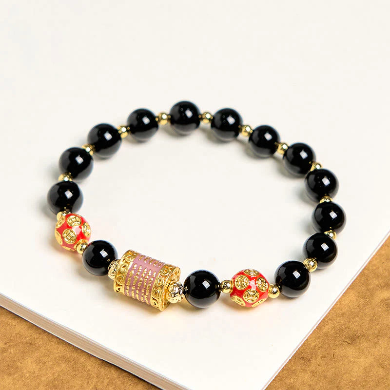 Buddha Stones Natural Black Onyx Five Scripture Copper Coins Fortune Bracelet