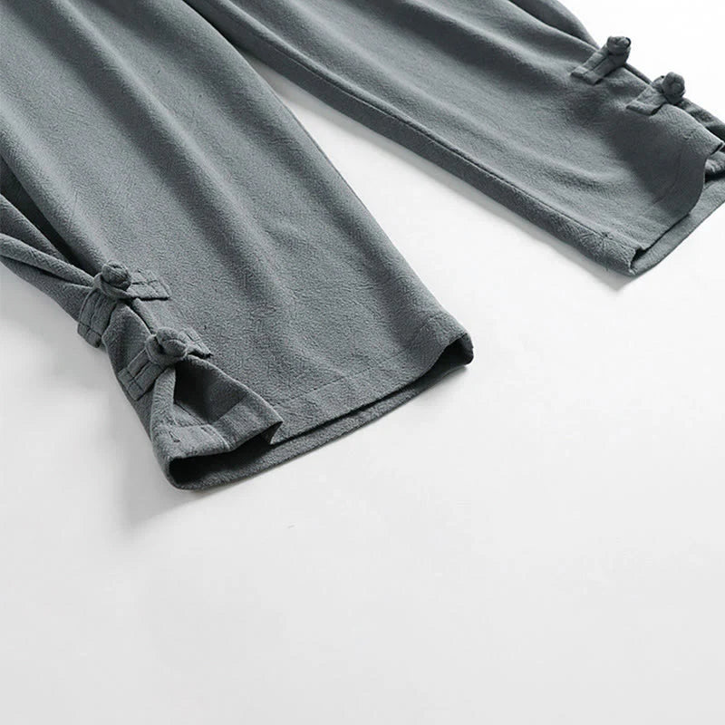 Buddha Stones Summer Drawstring Elastic Waist Frog-Button Ankle-Length Men's Cotton Linen Pants With Pockets