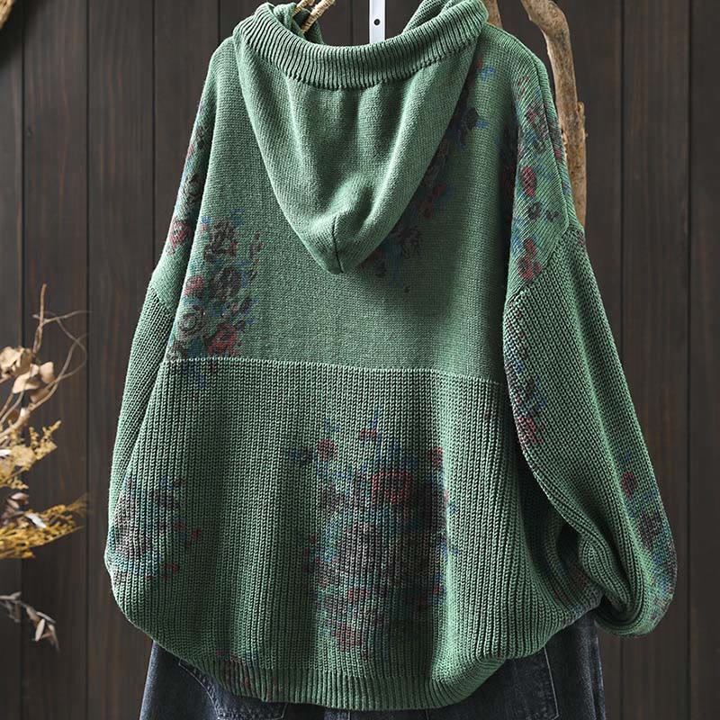 Buddha Stones Women's Knitted Floral Cotton Long Sleeve Hooded Sweater