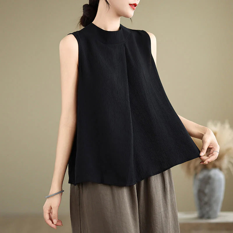 Buddha Stones Casual Plain Back Buttom Design Stand Collar Cotton Linen Women's Sleeveless Vest
