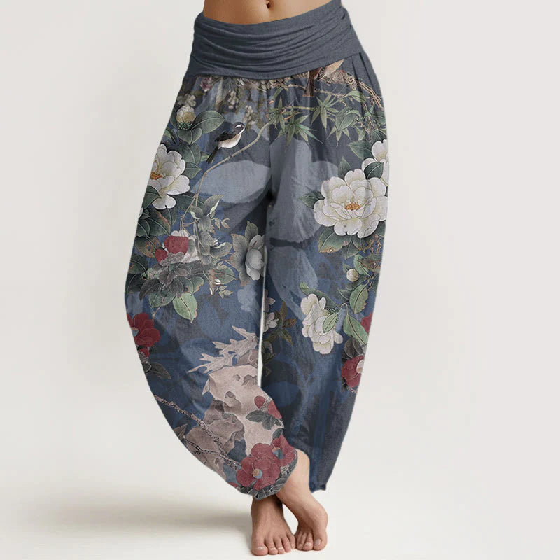 Buddha Stones Pure Cotton Casual Peony Flowers Leaves Magpie Women's Elastic Waist Harem Pants