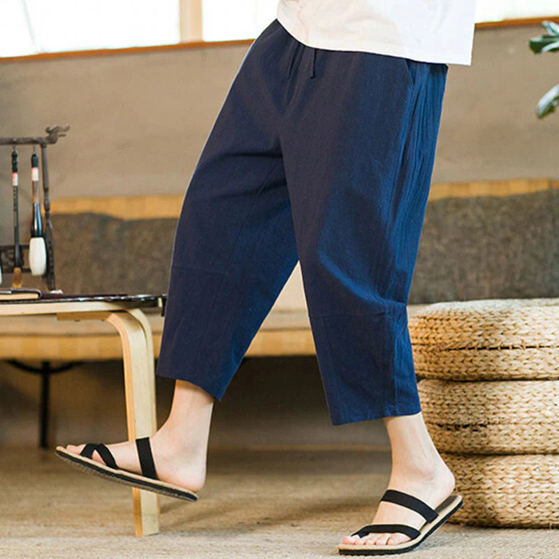 Buddha Stones Simple Design Drawstring Cotton Linen Men's Solid Color Harem Pants With Pockets
