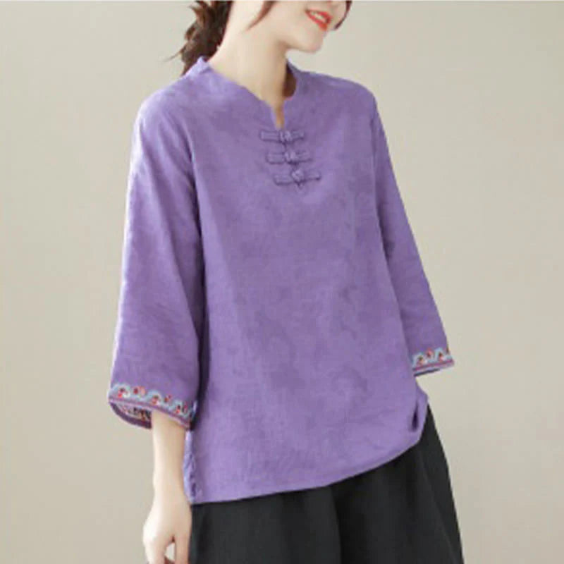 Buddha Stones Casual Jacquard Frog-Button Women's Crew Neck Design Three Quarter Sleeve Cotton Linen Shirt