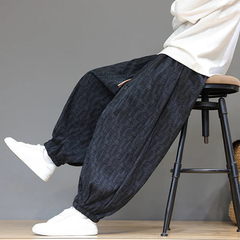 Buddha Stones Fall Jacquard Plaid Pattern Cotton Corduroy Men's Harem Pants With Pockets