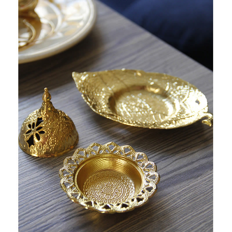 Buddha Stones Tibetan Gold Mini Leaf Coaster Meditation Incense Burner