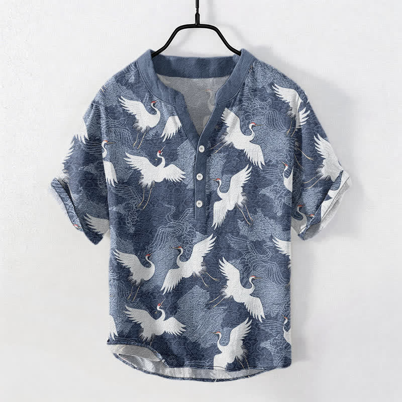 Buddha Stones Crane Short Sleeve Men's Shirt Resort Casual
