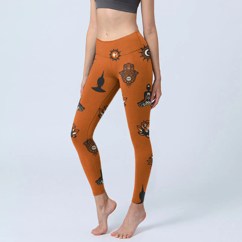 Buddha Stones Hamsa Hand Lotus Sun Pattern Gym Leggings Women's Yoga Pants