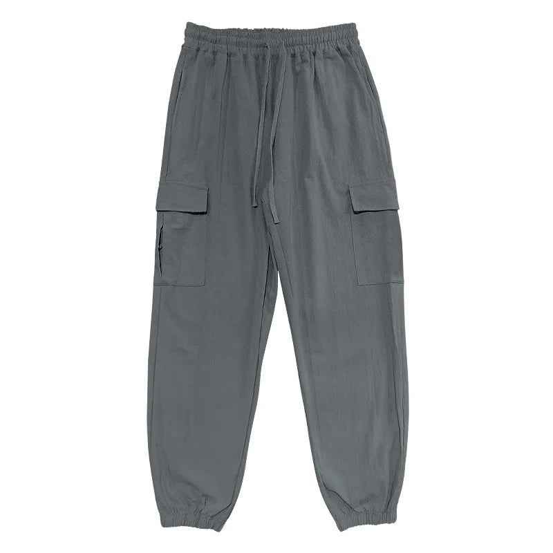 Buddha Stones Solid Color Linen Drawstring Men's Cargo Pants With Pockets