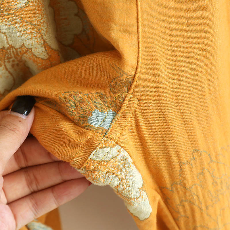 Buddha Stones 2pcs Frog-Button Printed Long Sleeve Cardigan Shirt Pants With Pockets Cotton Set