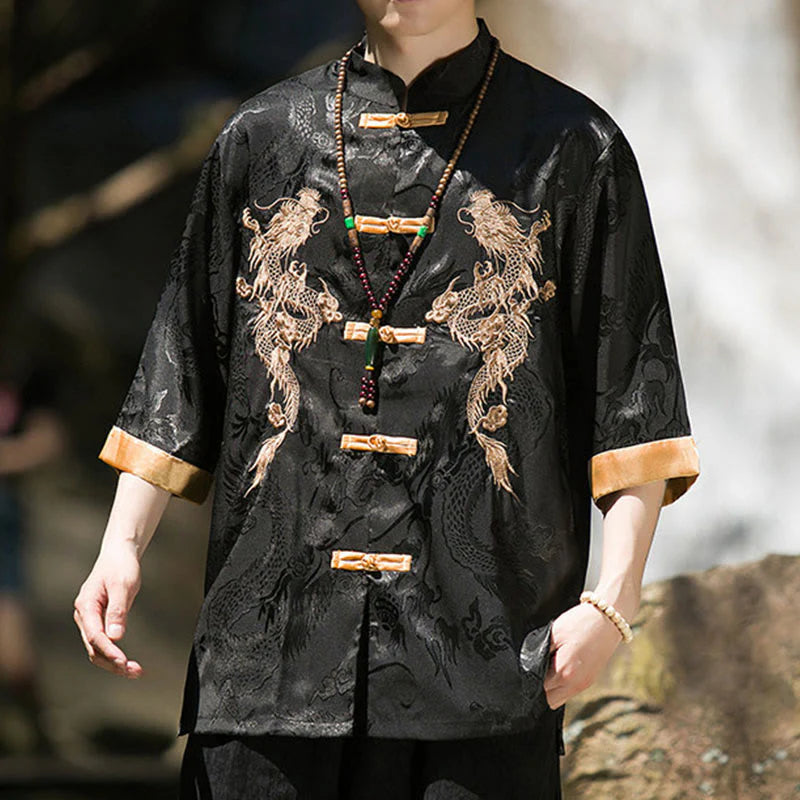 Buddha Stones Embroidered Dragon Pattern Colorblock Design Tang Suit Men's Frog-Button Half Sleeve Shirt