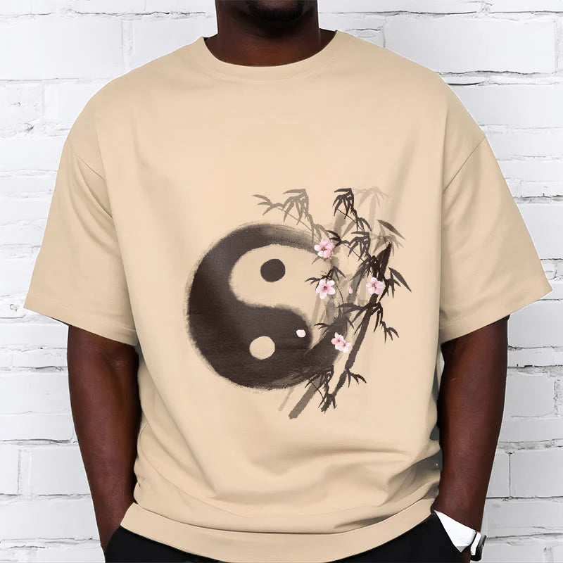 Buddha Stones Yin Yang Bamboo Cherry Blossom Pattern Tee T-shirt