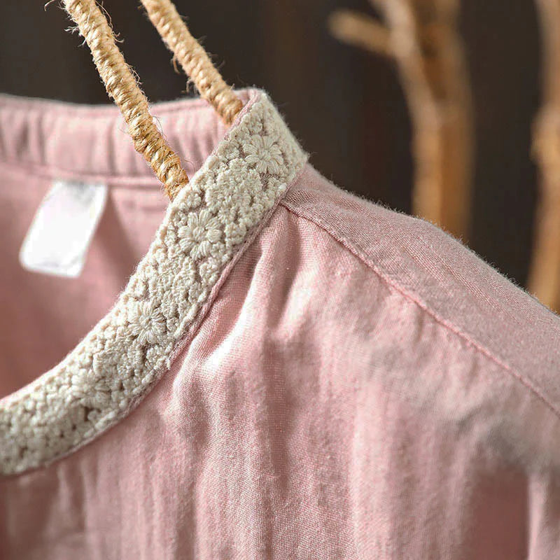 Buddha Stones Spring Fall Lace Collar Button Down Long Sleeve Women's Cotton Shirt