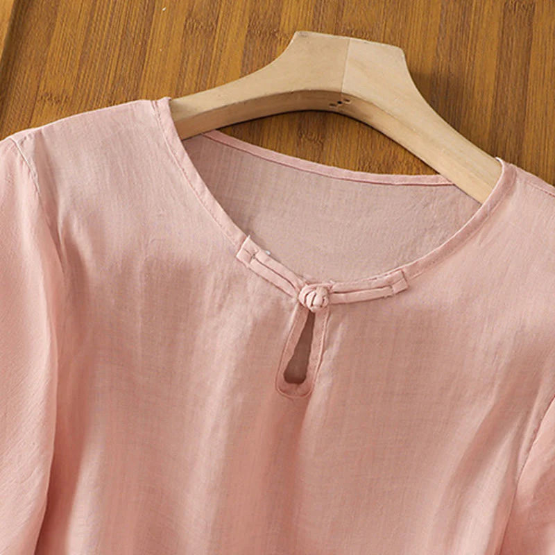 Buddha Stones Casual Floral Embroidery Crew Neck Women's Frog-Button Polyester Half Sleeve Shirt