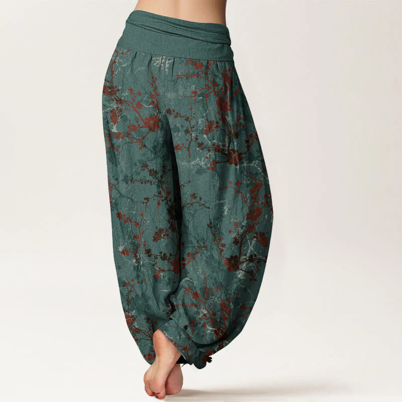Buddha Stones Pure Cotton Blooming Flowers Branches Leaves Women's Elastic Waist Harem Pants