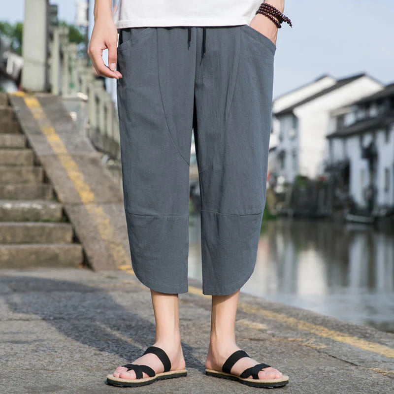 Buddha Stones Summer Casual Simple Plain Tapered Design Drawstring Men's  7-8 Length Cotton Linen Pants With Pockets