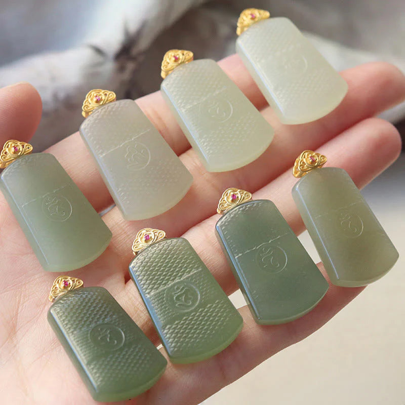 Buddha Stones Hetian Jade 925 Sterling Silver Om Symbol Prosperity Necklace Pendant