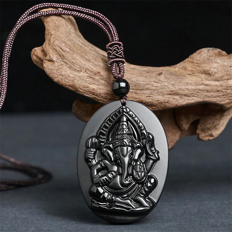 Buddha Stones Ganesh Elephant Relief Design Natural Black Obsidian Strength Necklace Pendant