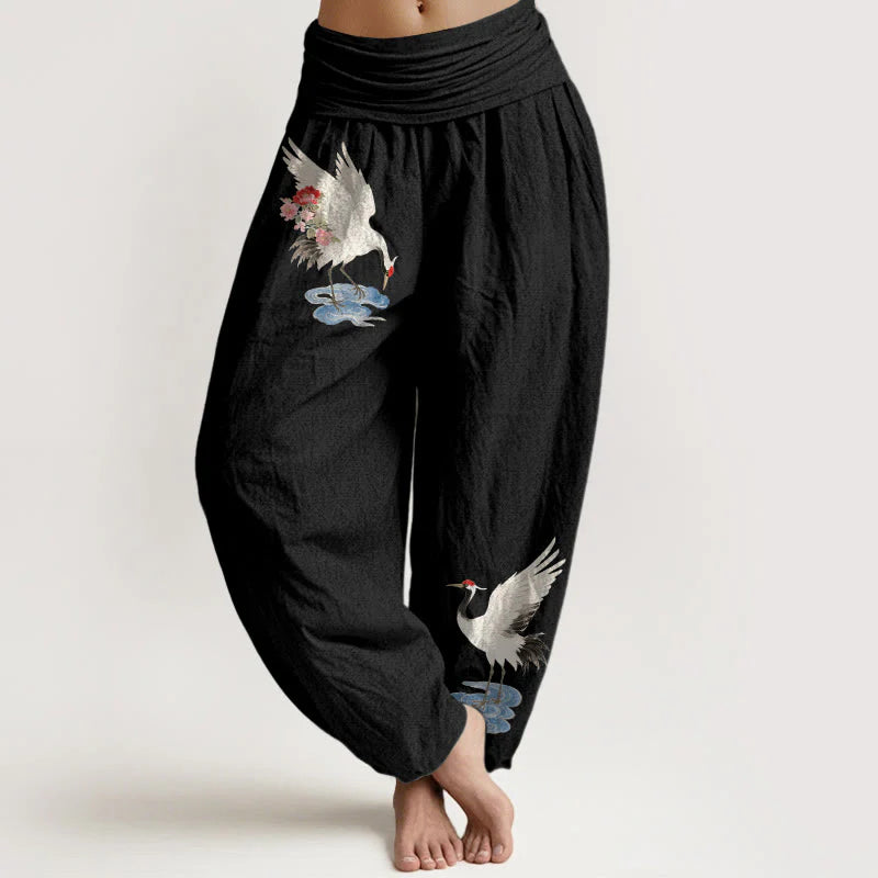 Buddha Stones Pure Cotton Elegant Crane Flower Cloud Pattern Women's Elastic Waist Harem Pants